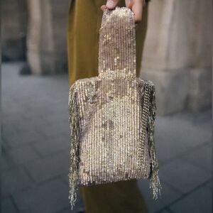 ZARA FRINGED SEQUIN MINI BUCKET BAG